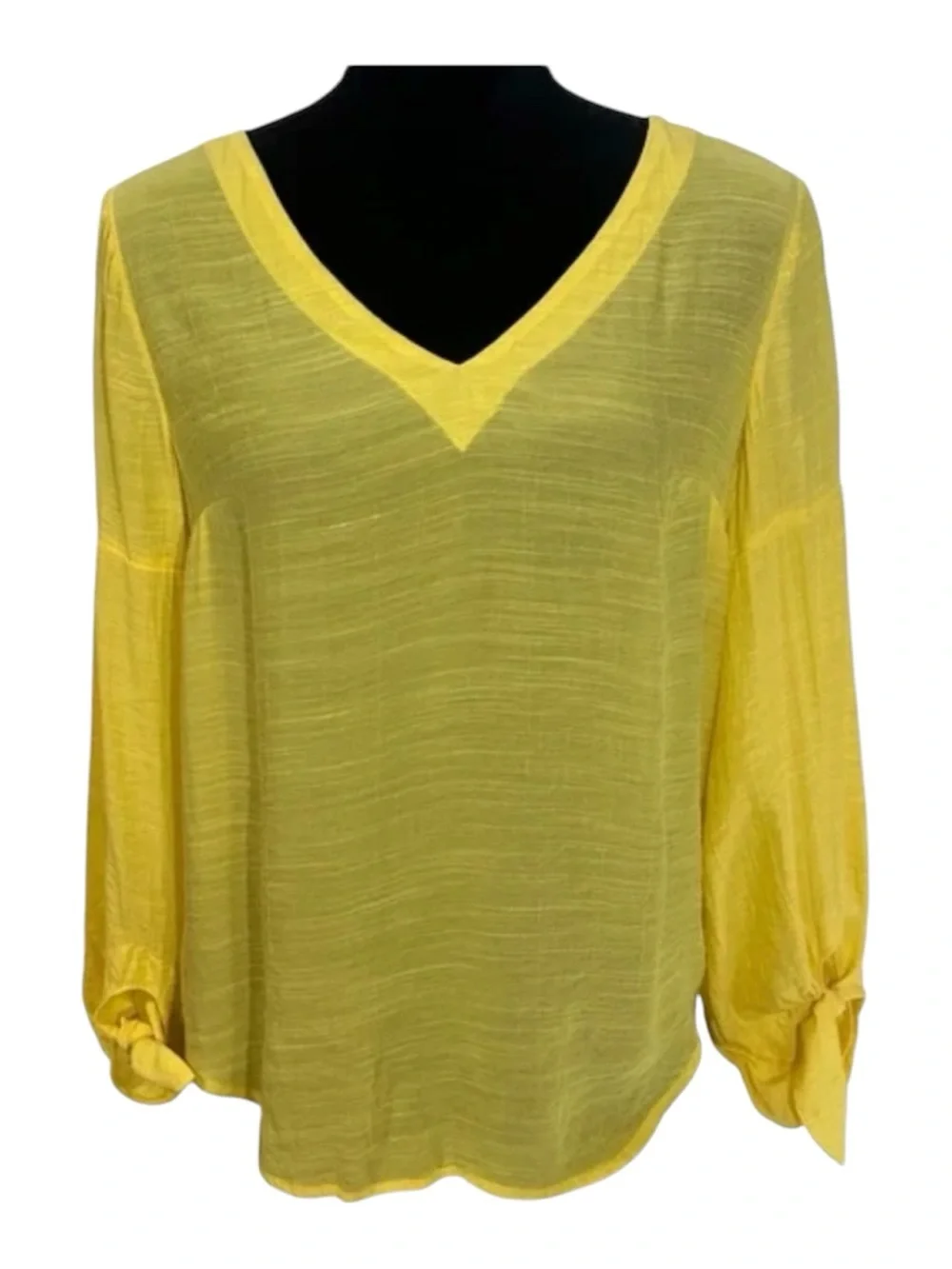 Maeve by Anthropologie Yellow Pleated V-Neck Blouse Knotted Cuffs XS - Picture 8 of 9